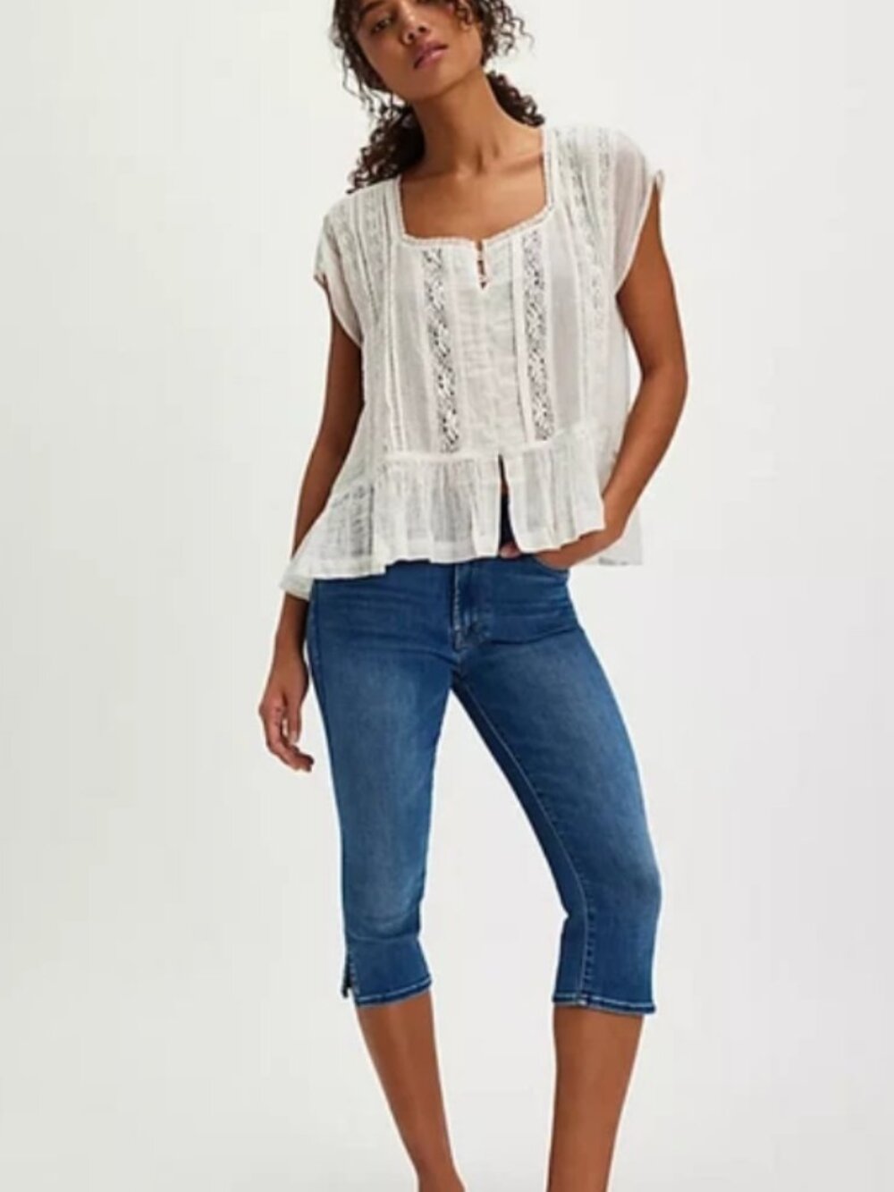 Free People FP One Georgia Blouse Top Lace Trim Capped Sleeve M